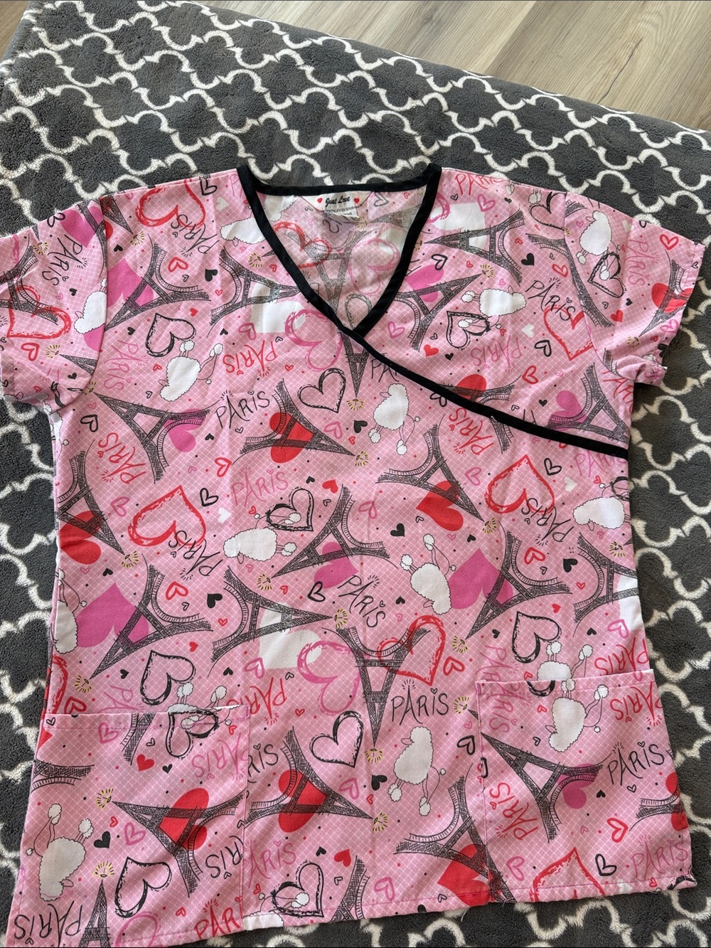 Pink Paris Print ScrubTop with Black Trim